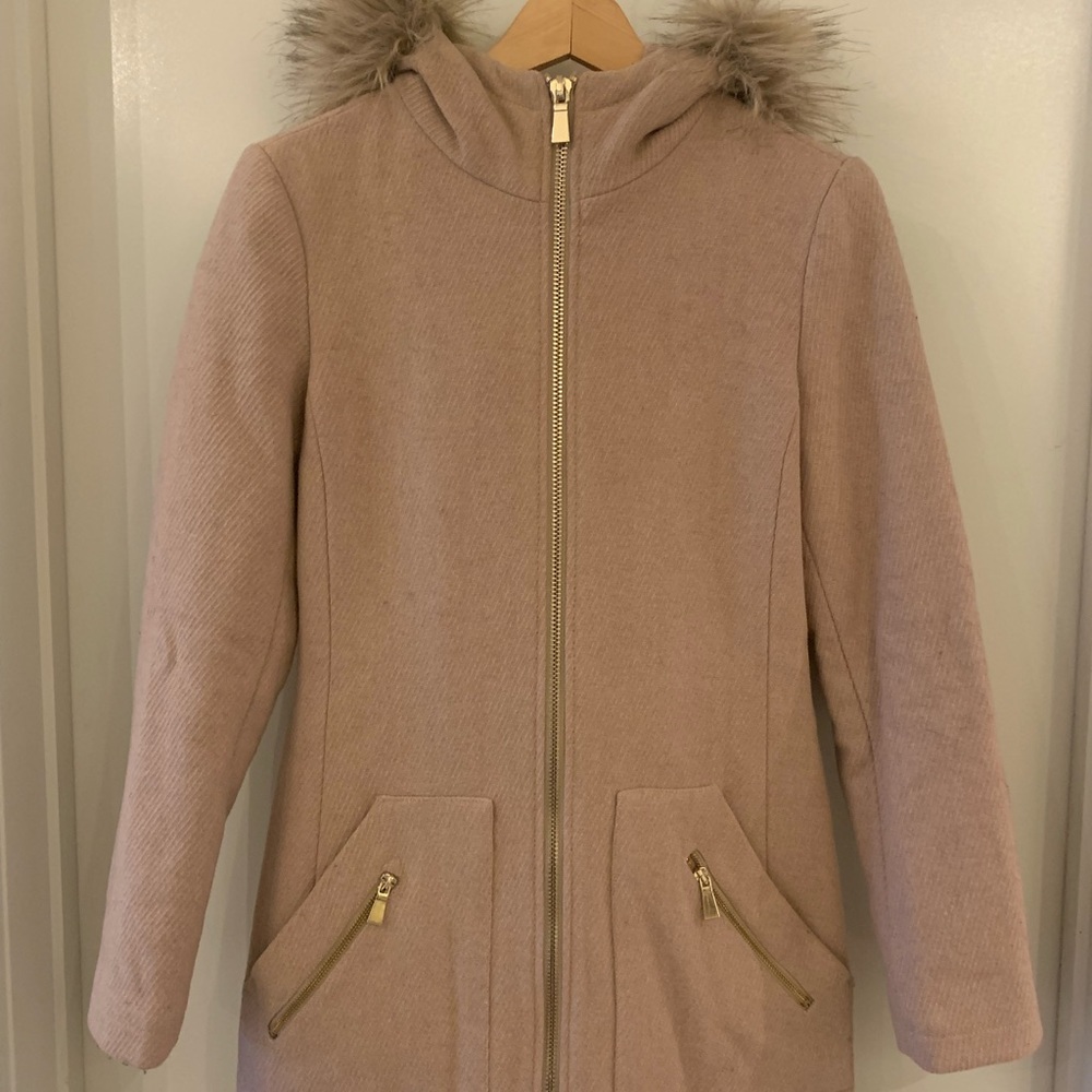 Tan / beige dynamite wool jacket with fur hood